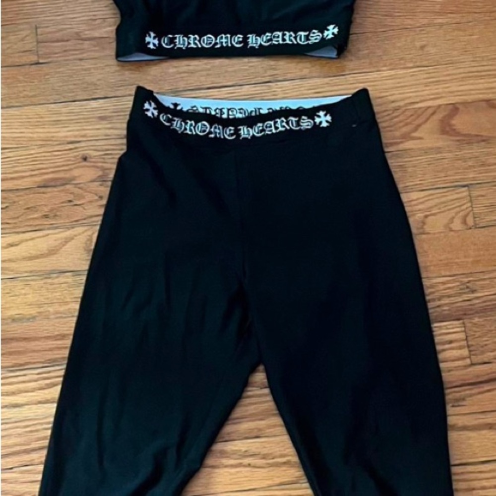 Chrome Hearts Black Leggings with White Logo